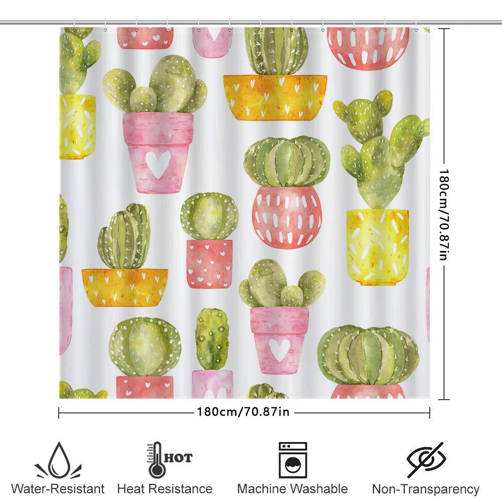 Colorful Cactus Shower Curtain Watercolor Houseplants Decor For Bathroom Pink, Green Yellow Floral Design New