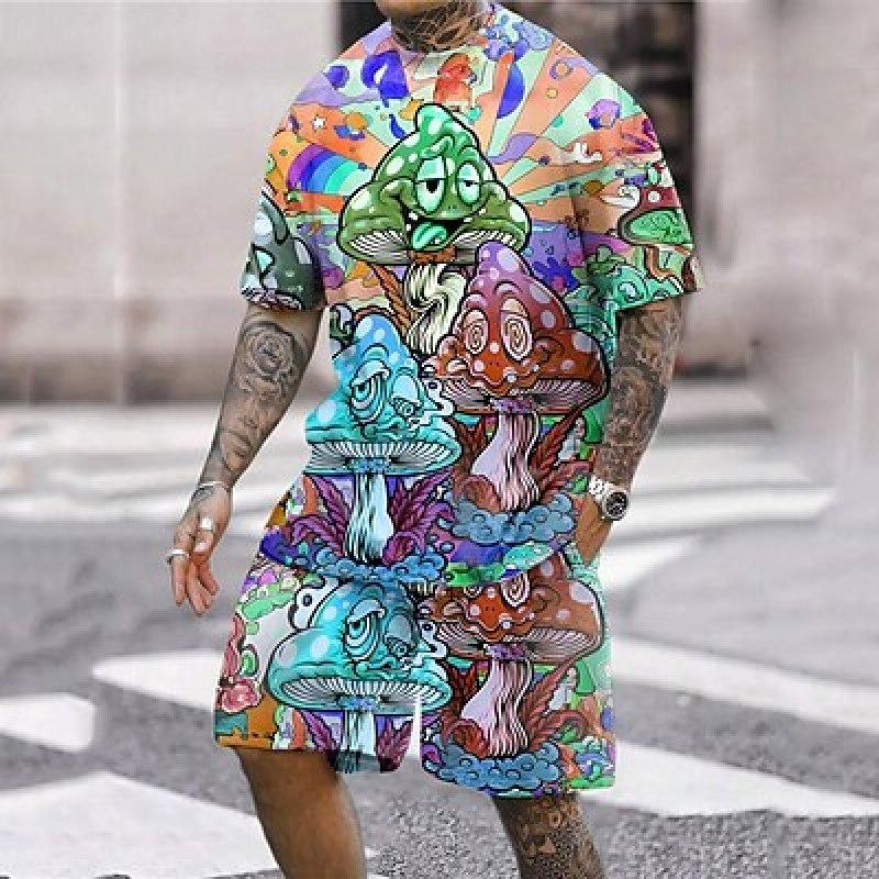 Plus Size Men's Contrast Color Summer Set, Short-sleeve T Shirt Shorts Set For Business, Fashion Casual Men Clothing