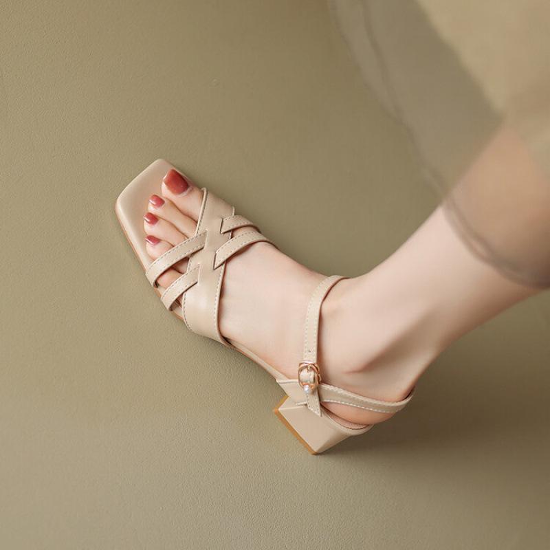 New Wide Strip Sandals Women's Summer Women's High-heeled Sandals Casual Solid Color Large Size Shoes Rubber Soft Sole Women's Shoes Square Head