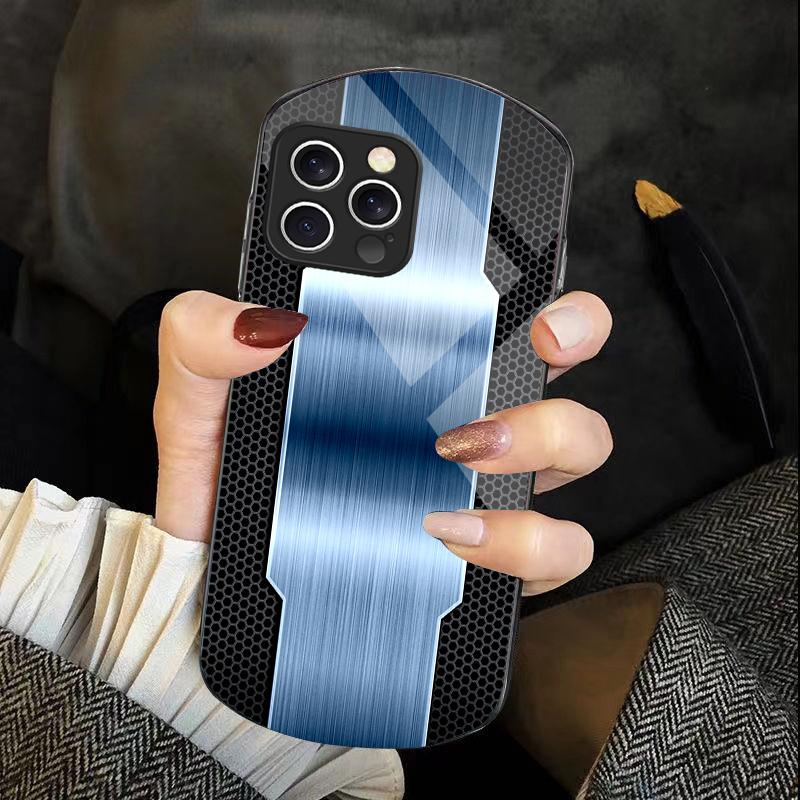 Mesh Metallic Black For IPhone 16 Pro Max 11 12 Mini 13 14 P Lus 15 Plus 7 8 Se 2020 X Xs Elliptical Tempered Glass Phone Case