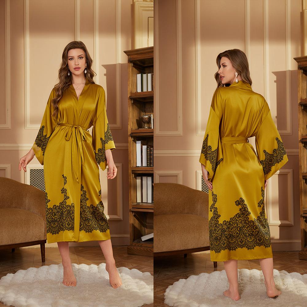 Print Satin Women Long Robe Retro Sleepwear Seven Quarter Sleeve Kimono Bathrobe Loose Home Wear