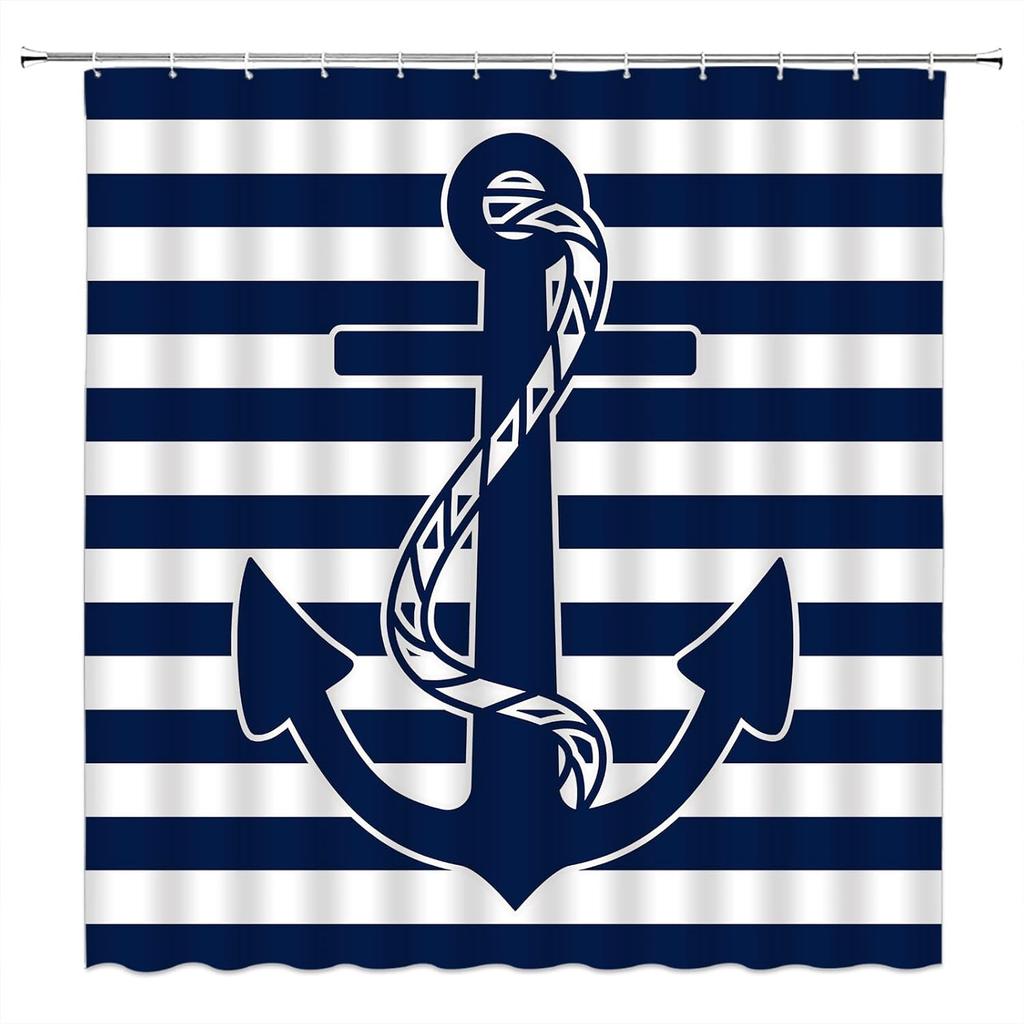 Nautical Anchor Shower Curtain Blue Anchor Navy Blue White Stripes Nautical Theme Ocean Lovers Modern Fabric Bathroom Decor Curtains with Hooks 70W