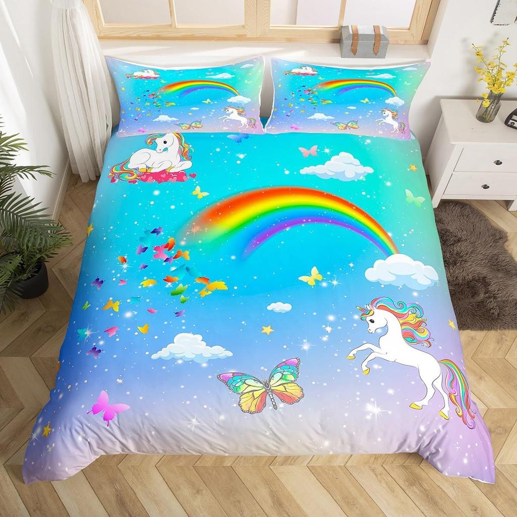 Children Kids Unicorn Soft Duvet Cover Single Quen King, Adorable Lovely Cat Carton Warm Comforter Cover featuring 2 Pilowcase Fish Scale Beding Set