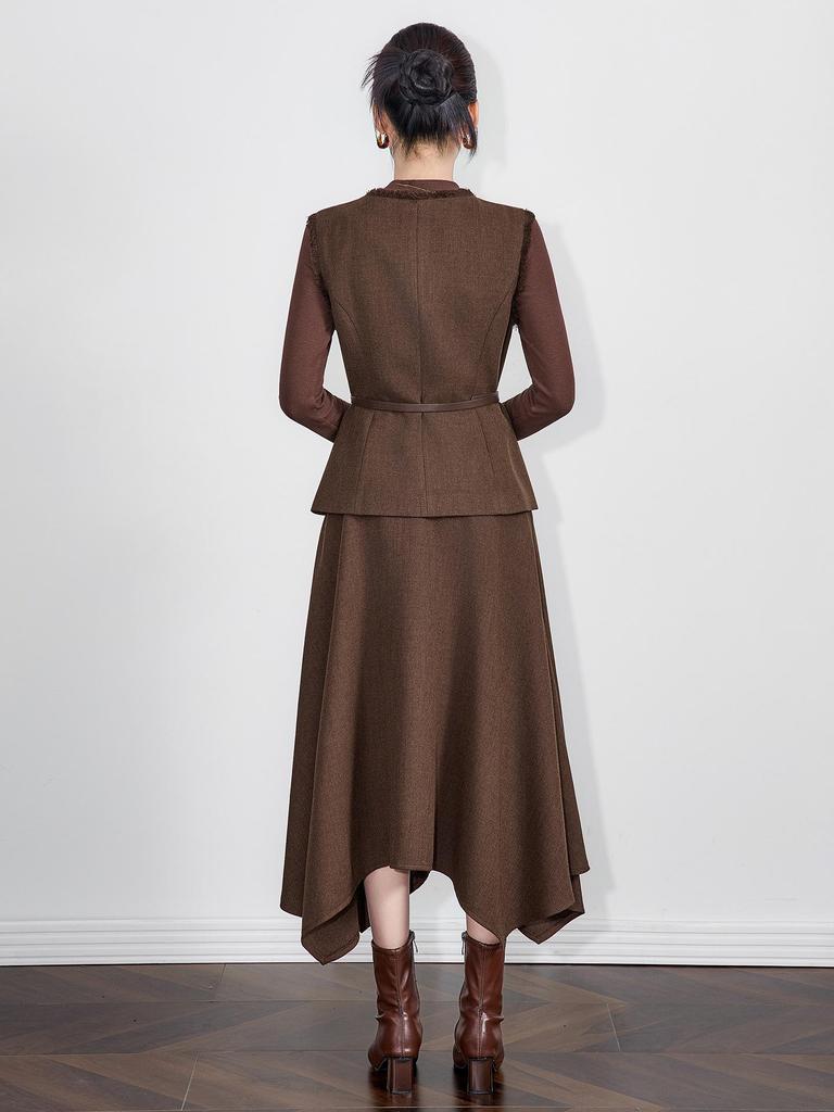 Elegant Waist-Cinched V-Neck Vest + Skirt Two-Piece Set for Women - Autumn/Winter New Arrival