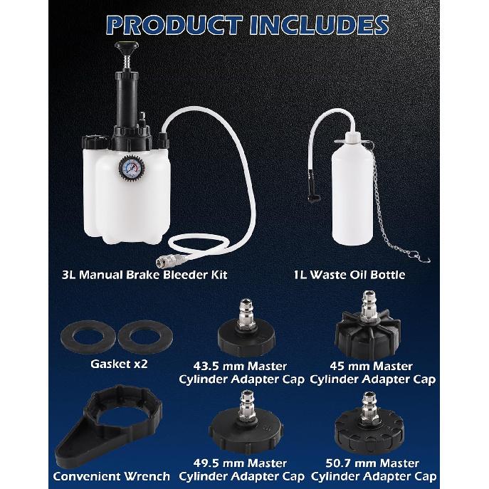 3L Brake Fluid Bleeder Kit w/ 1L Catch Bottle, Pressure Brake Bleeding Tool, Manual Power Bleeder Pump for Flush Brakes and Clutch System, Upgraded