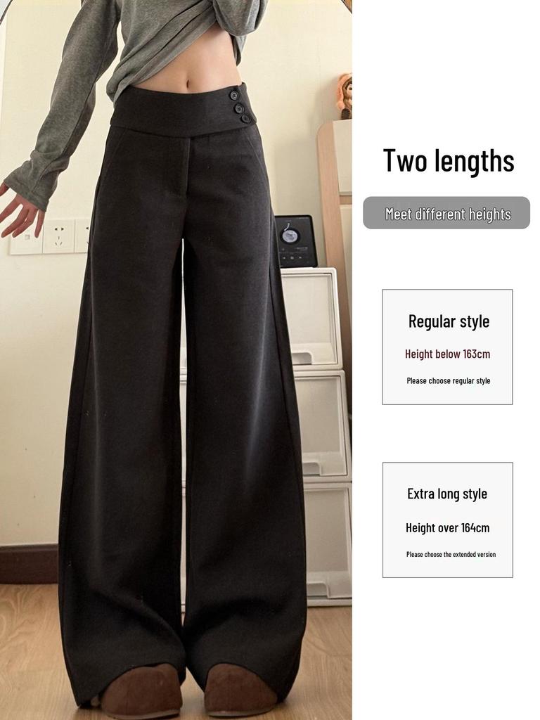 Deep Gray Women's Low-Waist Wool Suit Pants - 2025 Autumn/Winter, Straight-Leg, Buttoned, Loose Drape, High-End Wide-Leg Style