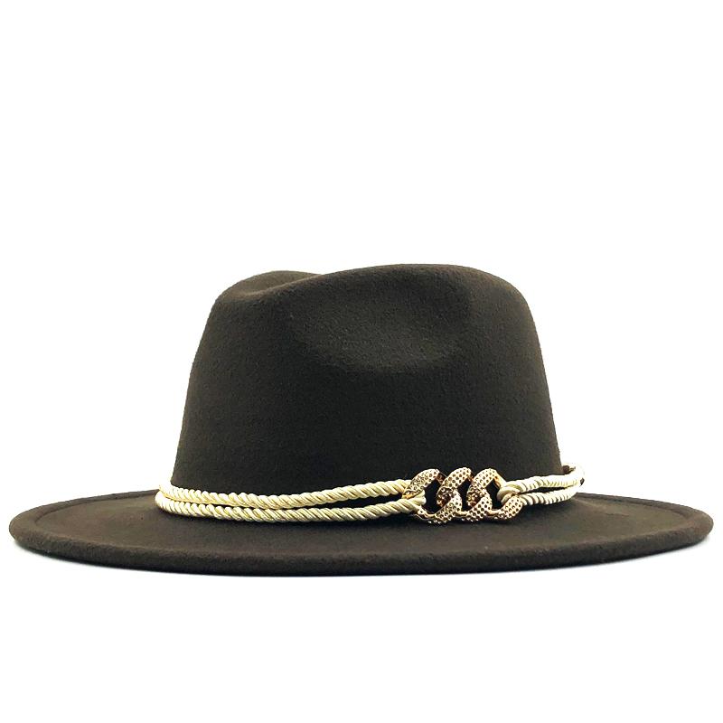 Black Wool Felt Jazz Fedora Hats Belt Buckle Decor Women Unisex Wide Brim Panama Trilby Cowboy Cap Sunhat