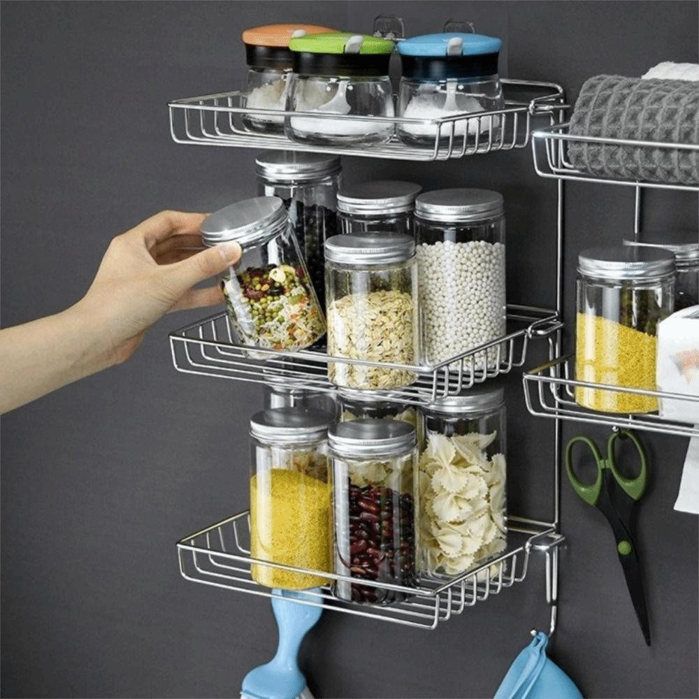 Stainless Steel Folding Storage Rack Wall Mounted Large Capacity Seasoning Jars Shelf with Hooks Space Saving Pot Lid Rack