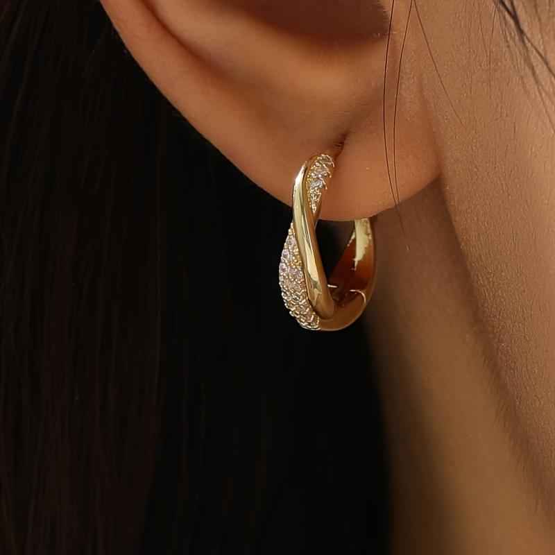 Korean Interlocking Hoop Earrings for Women, Copper Earrings with Shiny Zirconia, Minimalist Daily Commute Jewelry, Banquet Gift