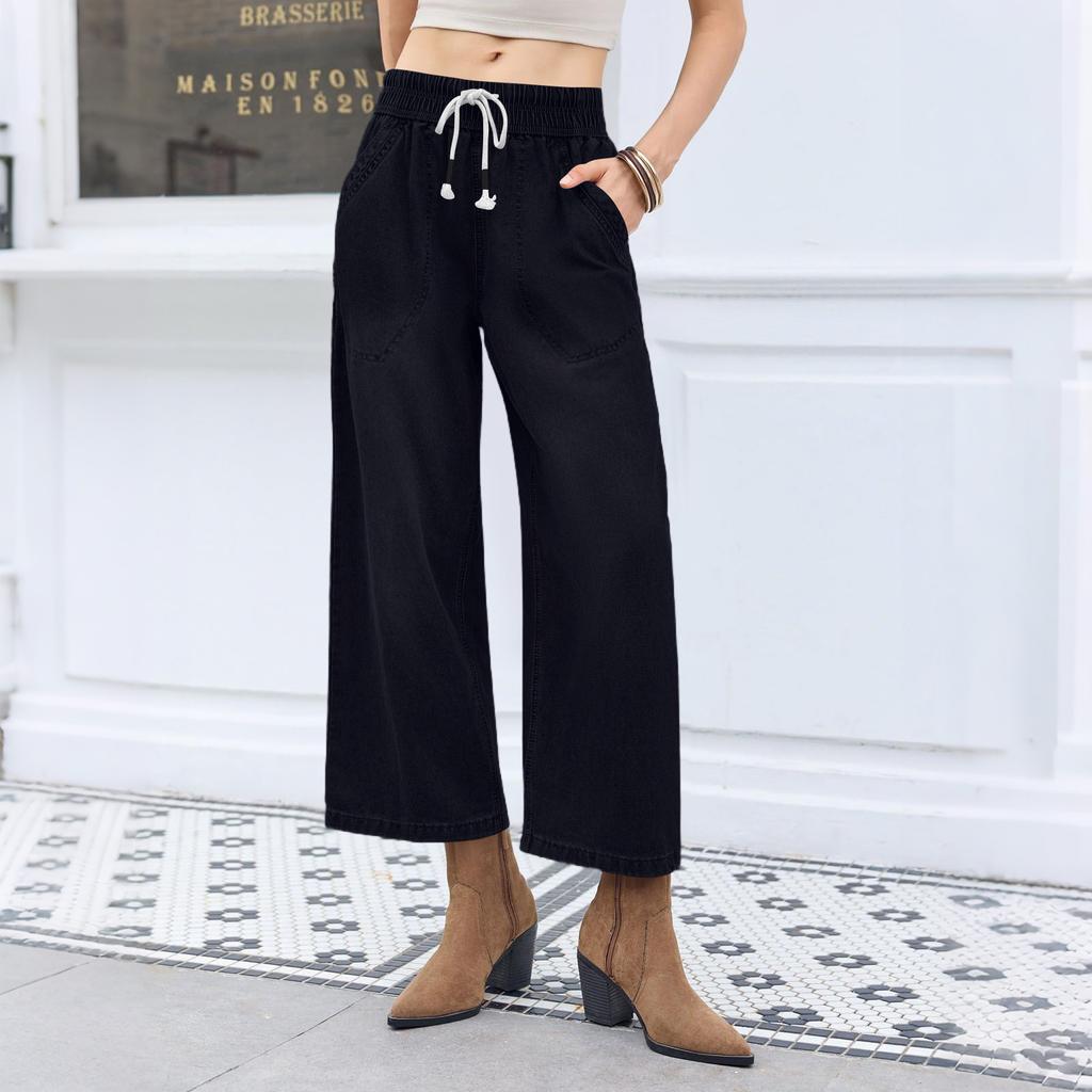Damen Elastischer Bund Lockerer Denim Weitbein Hose