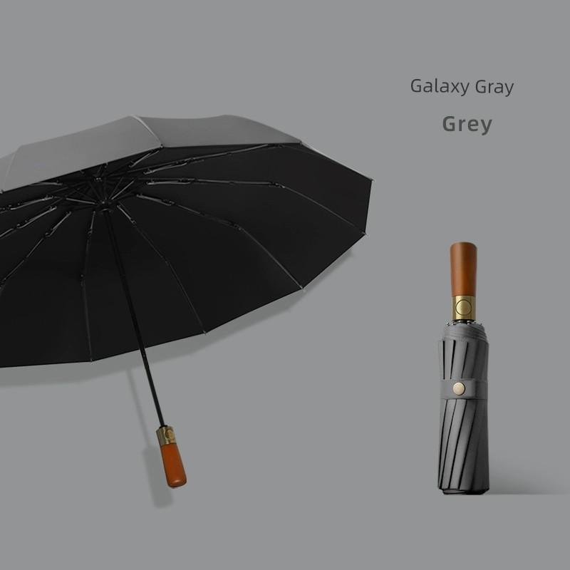 Automatic Umbrella Men Wooden Handle Reinforcement Sun Protection UV Protection Rain and Rain Dual-Use Female Vinyl Rainstorm Dedicated Umbrella