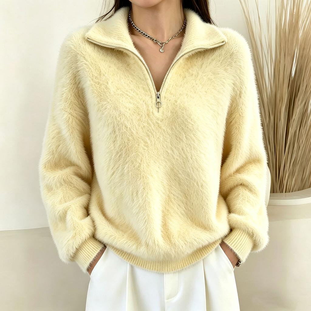 Damen Faux Pullover mit Rollkragen und Reißverschluss - Farblich gestricktes Oberteil für Freizeitkleidung