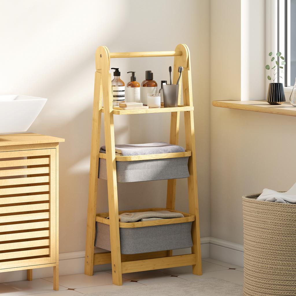 Folding Bamboo Bathroom Shelf with 2 Laundry Baskets Open Shelf Grey