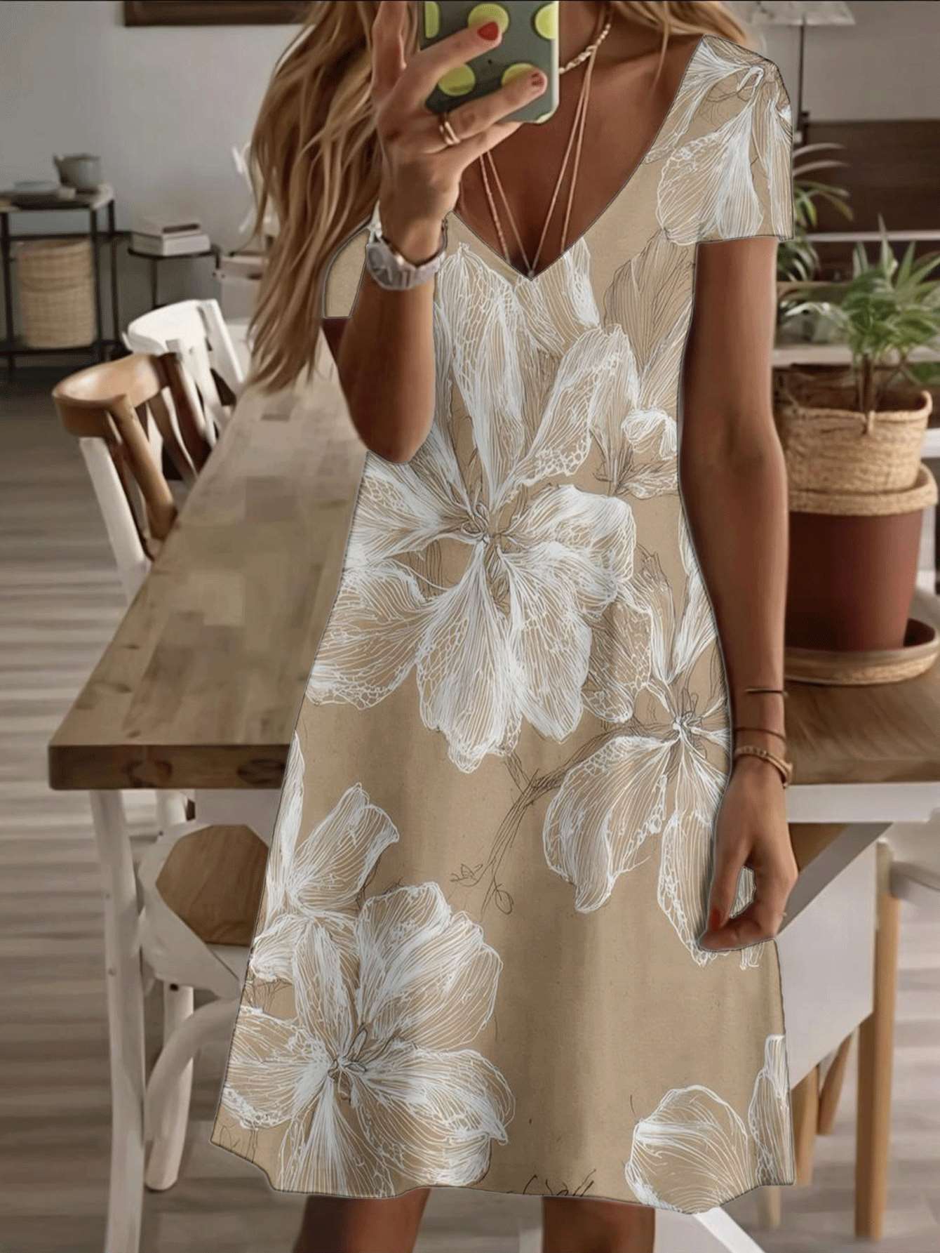 

Vneck shortsleeve midi dress beige floral pattern 3D premium print elegant large white flower design durable fabric soft breathable casual fashion for L дубильная кора
