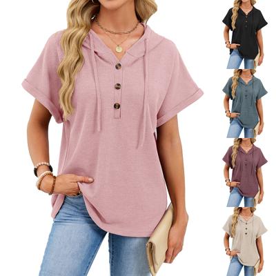 Women's Fashion Color Hooded Drawstring Button Short Sleeve T-shirt Top