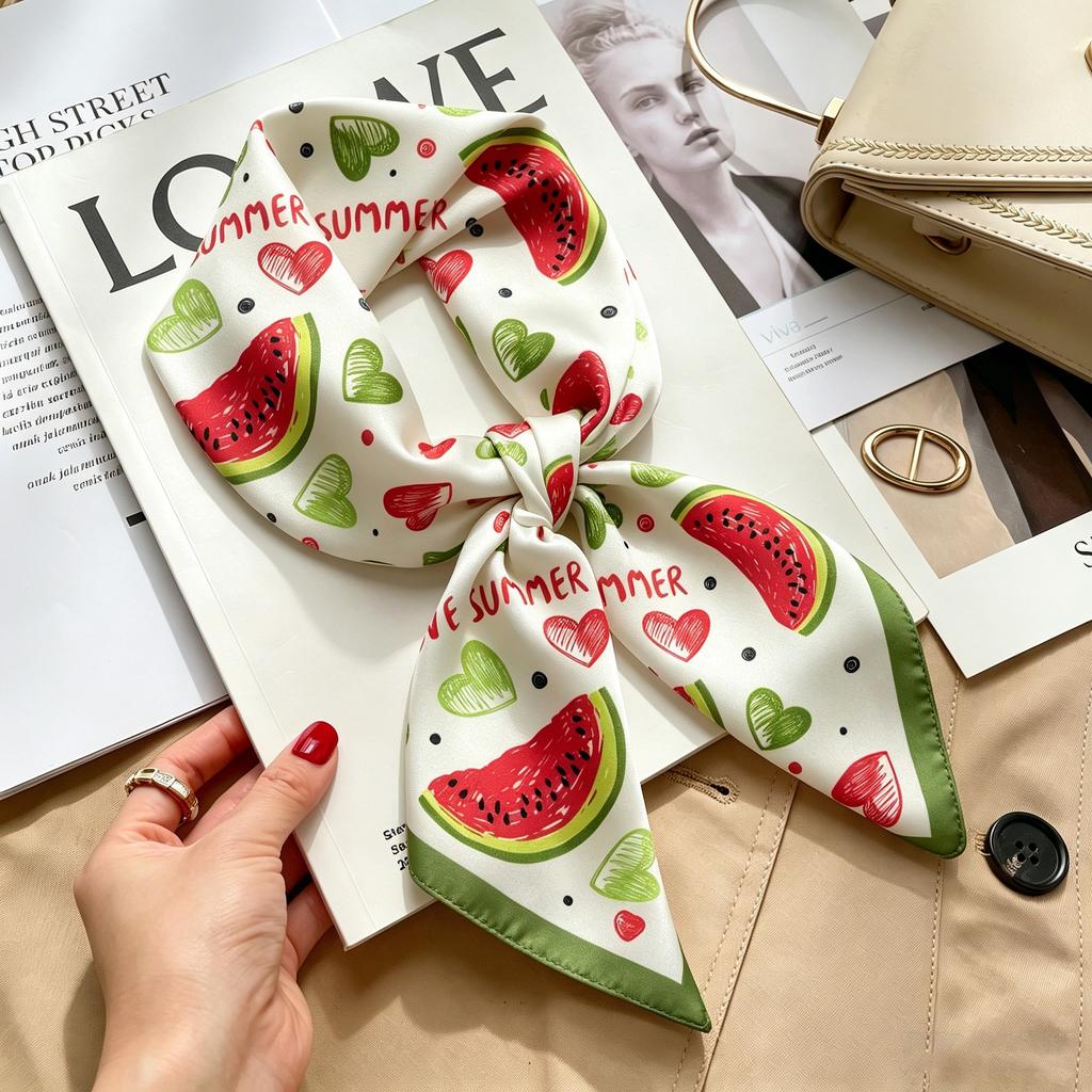 Commuter elegant flower silk scarf women's contrasting color retro printing satin scarf shirt with multi-purpose decorative small scarf