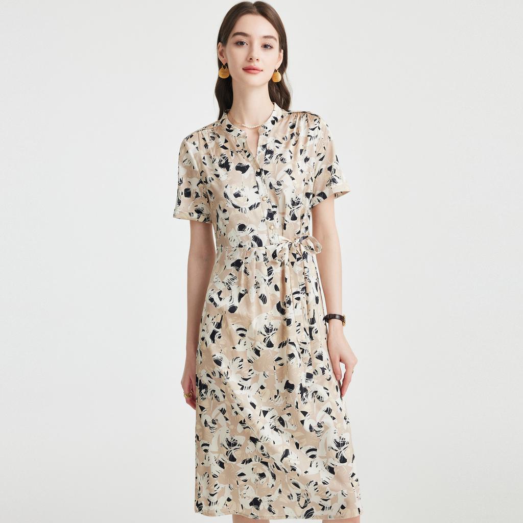 Age reducing print: Heavy weight mulberry silk 26 spring/summer small V-neck fashionable slimming temperament elegant commuting dress