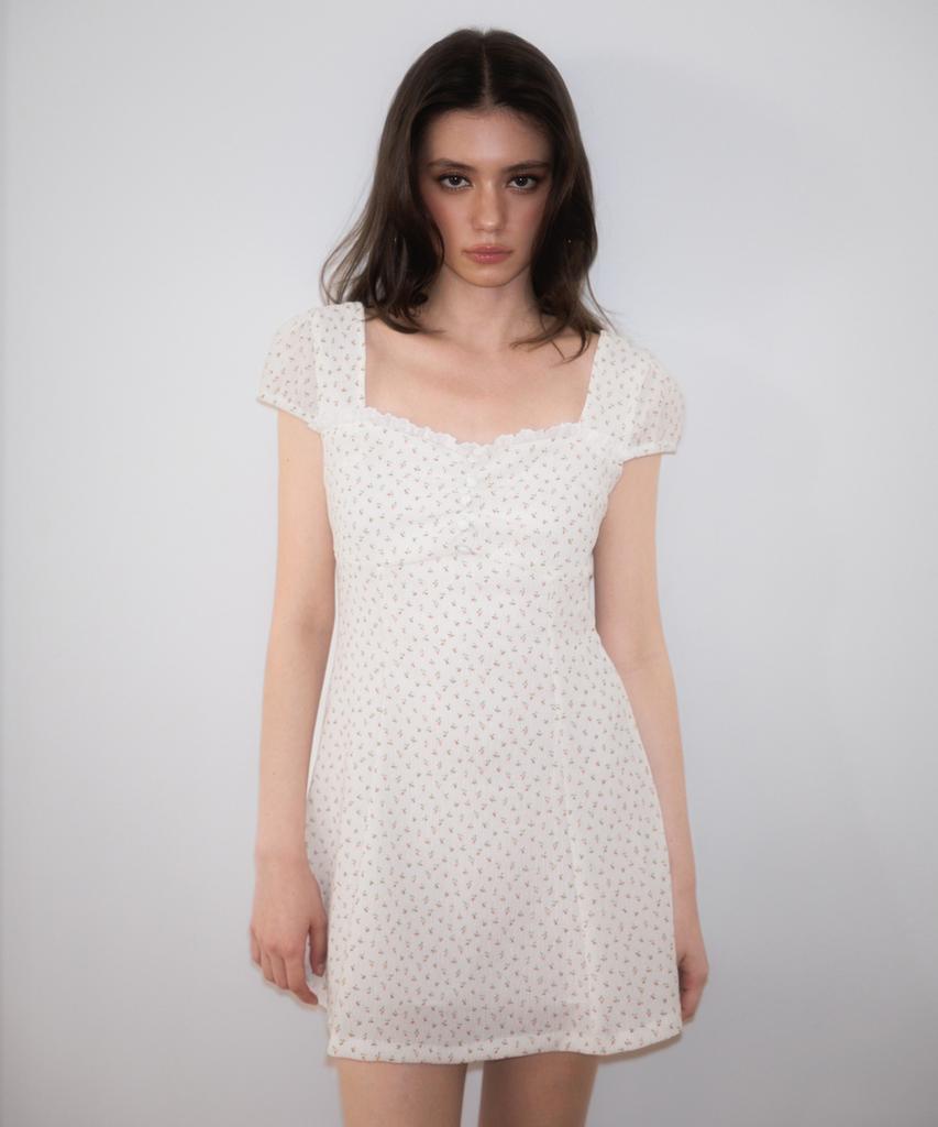 ROSEFRANTZ Lace Shirring Button Flare Dress [Ivory]
