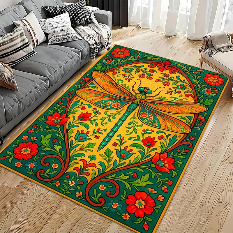 Dragonfly Floral Pattern Carpet with Vibrant Yellow and Green Design Suitable for Use As an Anti-slip for Living Room Bedroom Sofas