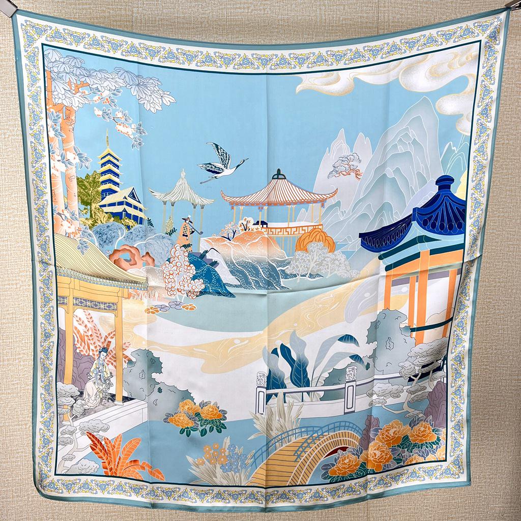 Guochao Lotus Landscape 100% Mulberry Silk Scarf - Versatile Women's Square Shawl