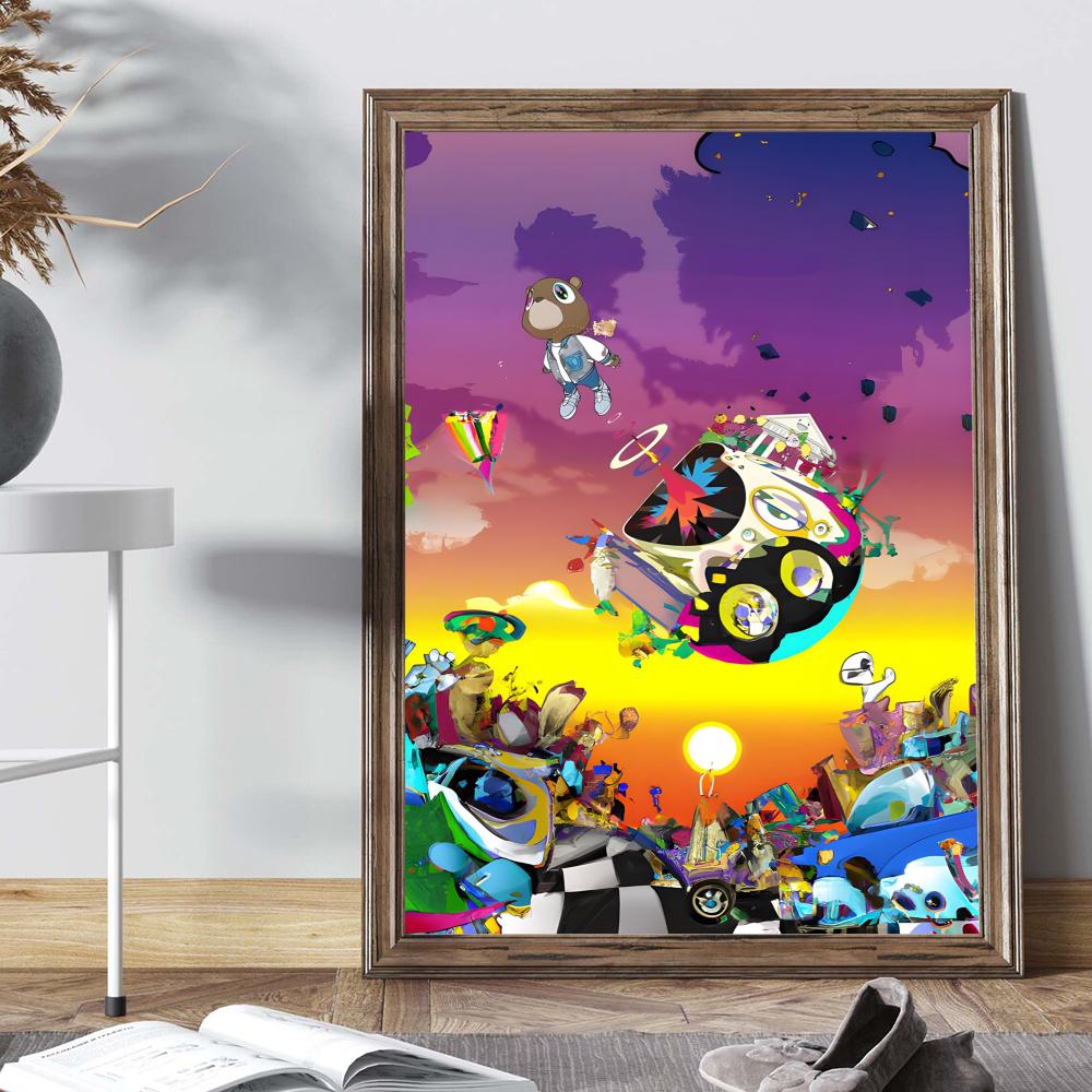 Kanye West Rapper Music Whitepaper Poster Self-adhesive Art Poster Fancy Wall Sticker for Living Room Bar Decoration Painting