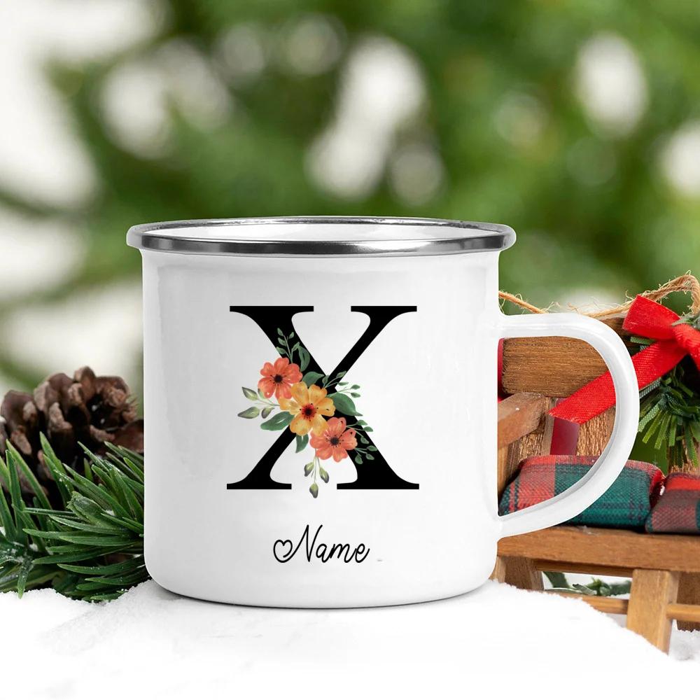 Personalisierte Namens Emailletasse Benutzerdefinierte Blume Buchstabe Alphabet Tasse Camping Henkel Kaffee Tee Milch Tassen Festliche Geburtstagsgeschenke