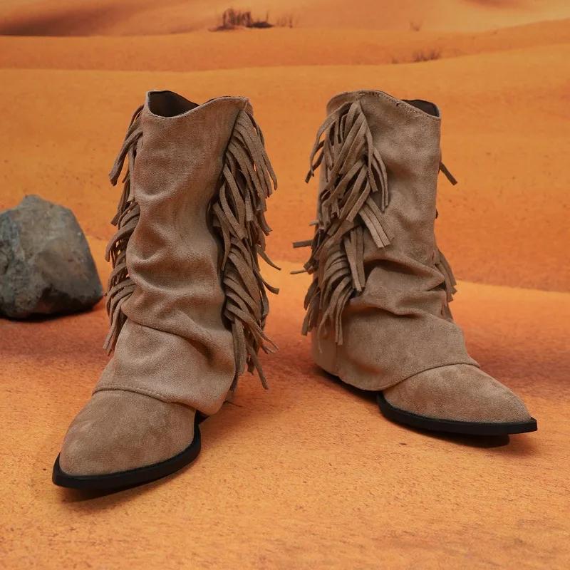 Fashion Pointed Toe Tassel Womens 2025 New Fall Winter All-match Pant Leg Boots Vintage Suede Booties