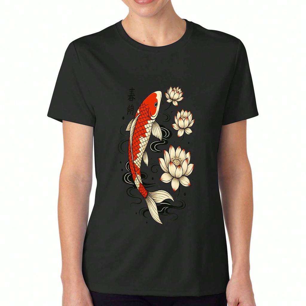 Koi Fish Ladies' Cotton T Shirt, Premium Cotton Quality Print, Durable And Longlasting, Casual And Fashionable. Japanese Carp Fish Art Design, Unique