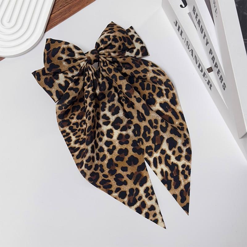 Vintage Leopard Print Bowknot Hairpin Long Ribbon Back Head Spring Clip Ponytail Headwear for Women Elegant Versatile Hairpin