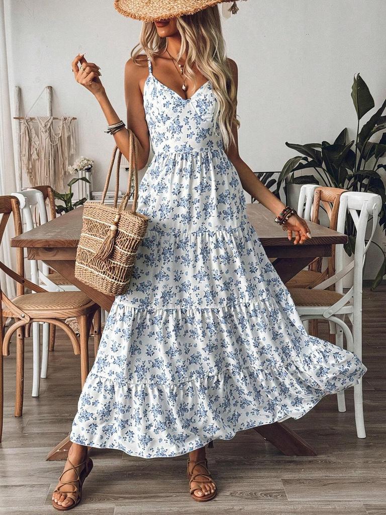 Robe à bretelles spaghetti en dentelle florale à lacets pour femme avec nœud et large ourlet