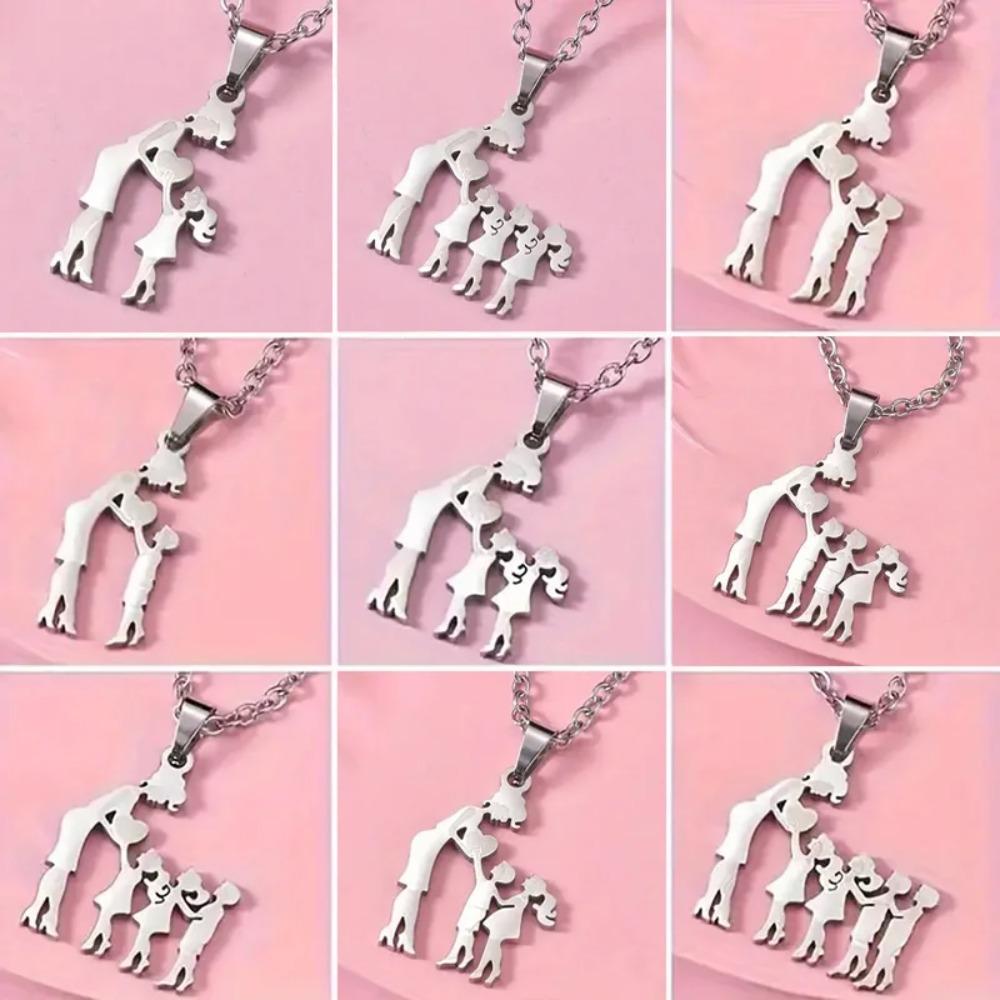 Collier Cœur Mère et Enfants en Acier Inoxydable Pendentifs Figurines Mère Fils Fille Colliers