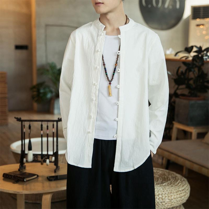 Men’s Chinese Style Long-Sleeve Linen Tang Suit Shirt and Jacket