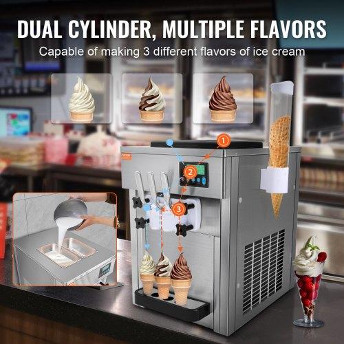 VEVOR Commercial Ice Cream Machine, 21 QT/H Yield, 1800W 3-Flavor Countertop Soft Serve Ice Cream Maker, 2 X 4L Hopper 2 X 1.8L Cylinder
