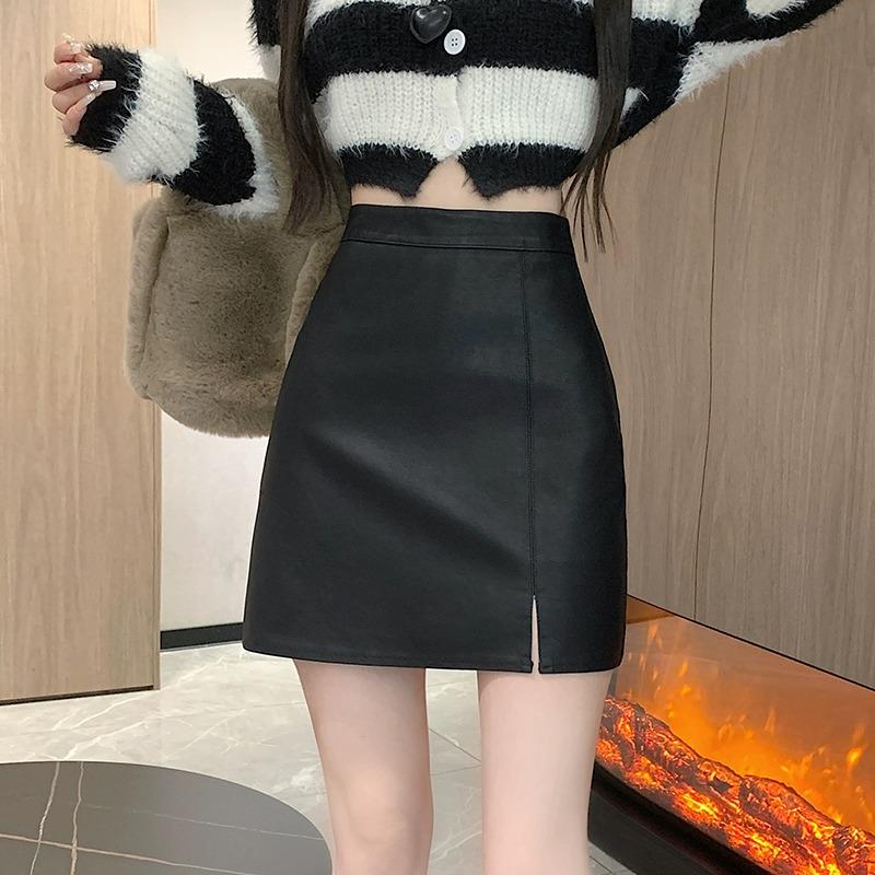 2024 Autumn/Winter Korean Style PU Leather High Waist Midi Skirt for Women