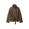 Womens 2026 Suede-Texture Belted Oversized Jacket Streetwear Style Long Sleeve Stand Collar