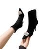 Mode High Heel Elastische Dünne Stiefel Frauen Herbst/Winter Spitz Schwarz Kurze Stiefel Strass Quadratischen Knopf Mode Stiefel High Heels