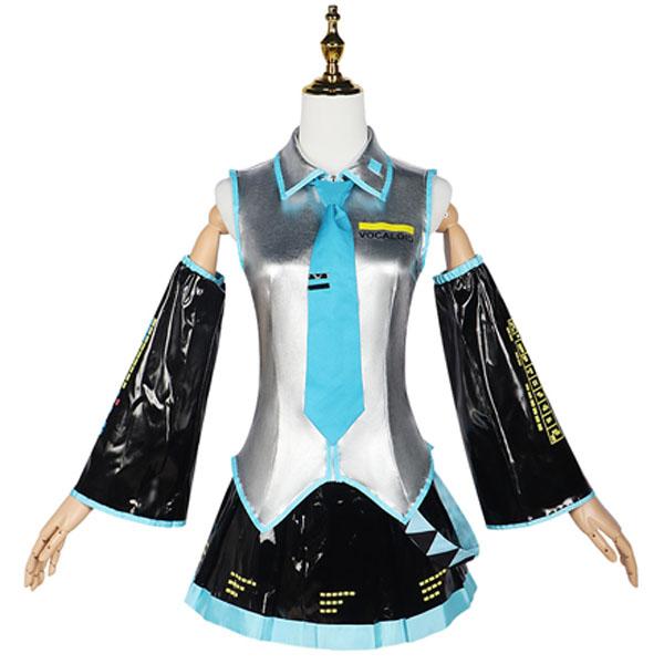Anime Miku Cosplay Full Set Silver-Grey Patent Leather Fabric Costume Headwear Suit Outfit Jk Uniform Cosplay Halloween