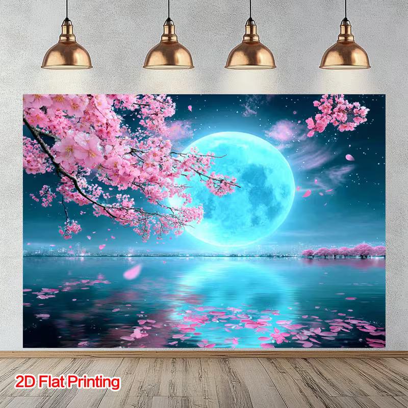 2D Aesthetic Blue Moon Lake with Cherry Blossoms Wall Hanging
