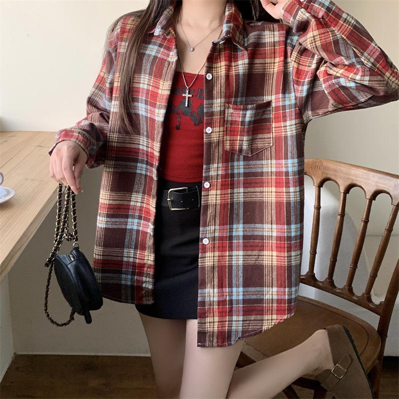1116 New Spring and Autumn Design Plaid Shirt Jacket Women's New Loose Casual Meat Cover Medium and Long Shirt