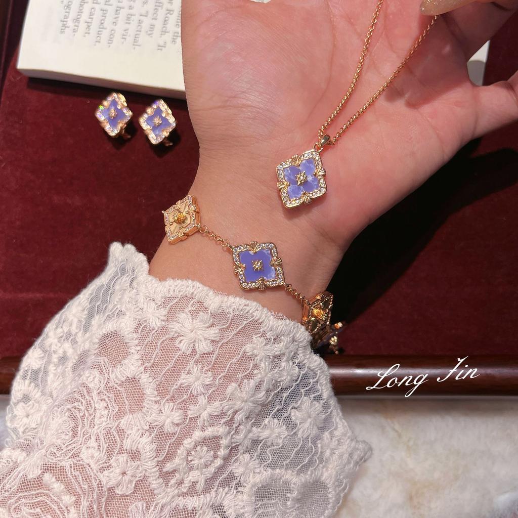 French Retro Raspuche Four-Leaf Clover Blue-Purple Suit, Bracelet Necklace, Earrings, Court Style, Light Luxury And Versatile.