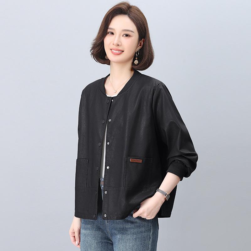 Midlife Chic Women's Petite PU Leather Jacket - High-End, Plus Size, Casual for Spring & Autumn