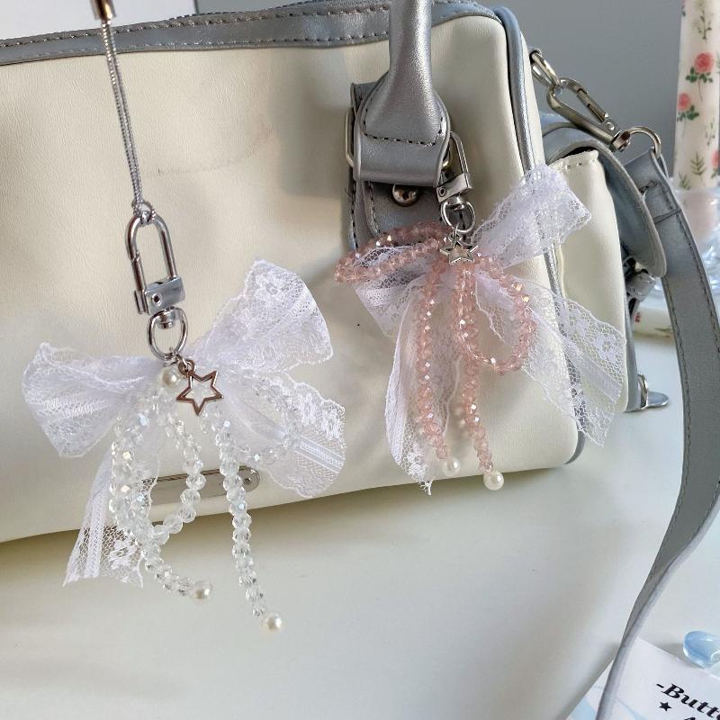 Y2K Aesthetic  Lace Bow Keychain Ins Sweet Bow Keyring Bag Pendant Delicate Backpack Hanging Decoration Gifts