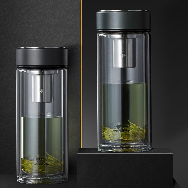 WANXIANG Double-Layer Heat-Resistant Glass Cup with Filter Mesh, Business Office Holiday Gift, Large Capacity Black-Green Portable Car Tea Cup