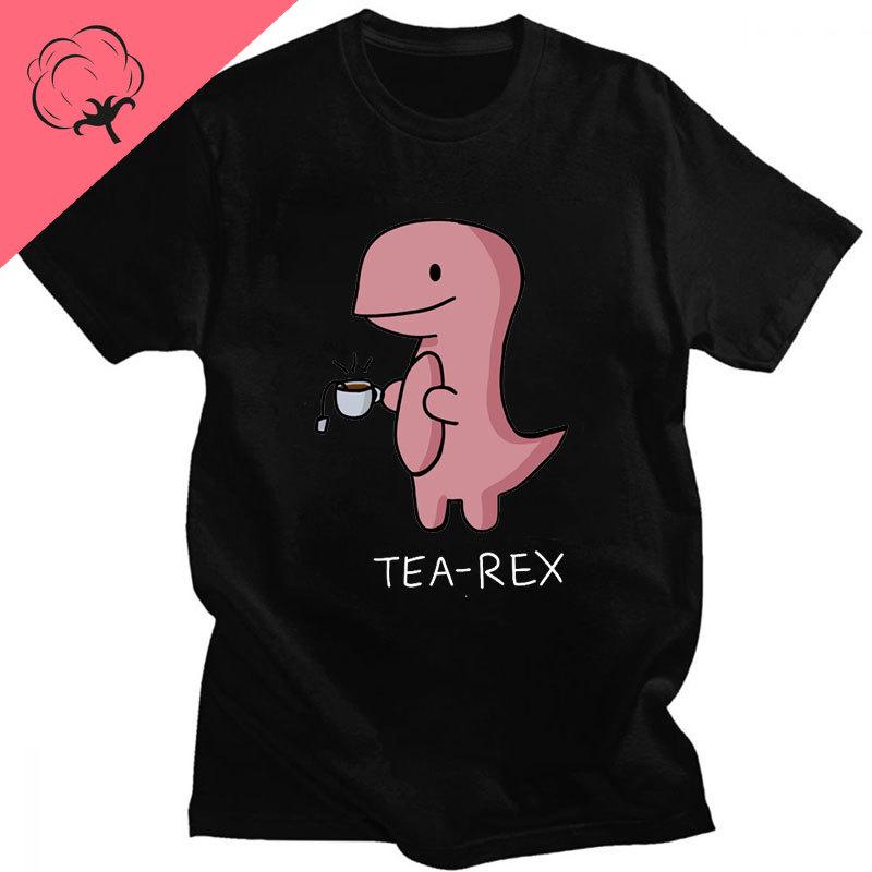 Funny Tea Rex T-Rex Dino Men T Shirt Coffee Hot Drink Cartoon Kawaii Humor Women Graphic Tshirts Casual Anime cotton Top gothic