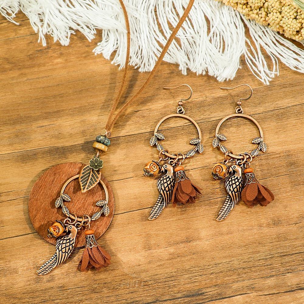 Wood Geometric Jewelry Set Vintage Distressed Finish Sweater Chain Women Pendant  Daily Outfit