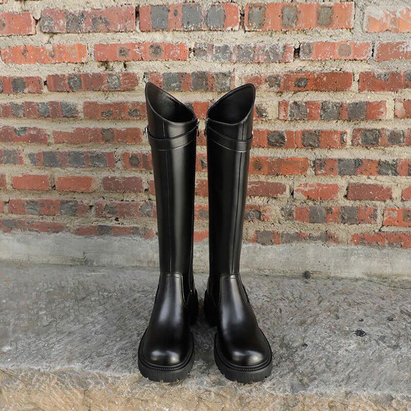 

Но колено сапоги высокие сапоги 2025 зима новые тонкие скошенные пряжки рыцарские сапоги на толстой подошве сапоги женские 35