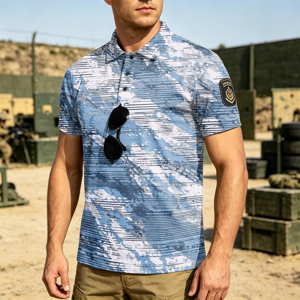 Men Tactical Polo Shirt Loose Fit Short Sleeve Breathable Outdoor Quick Dry Camouflage Print Velcro Patch Design Lapel Collar Top