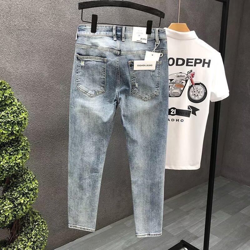 Summer new ripped jeans men's trendy brand thin fashion personalized scratched beggar pants slim pants