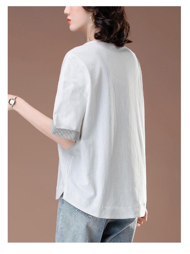 Women's Summer Plus Size Loose Fit All-Cotton Patchwork T-Shirt - Short Sleeve, Color Block, Middle-Aged Style