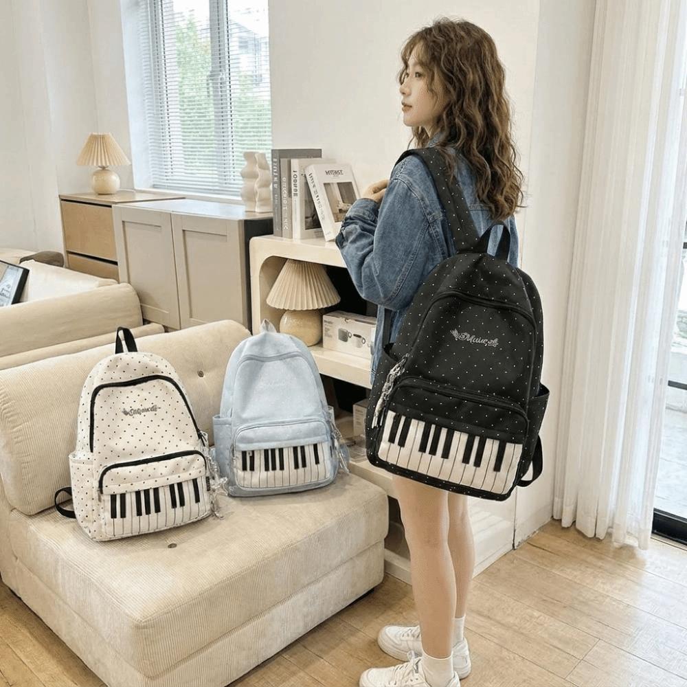 Sac d'école préppy grande capacité Sac à dos en nylon avec motif touches de piano Sac à dos à pois Shopping